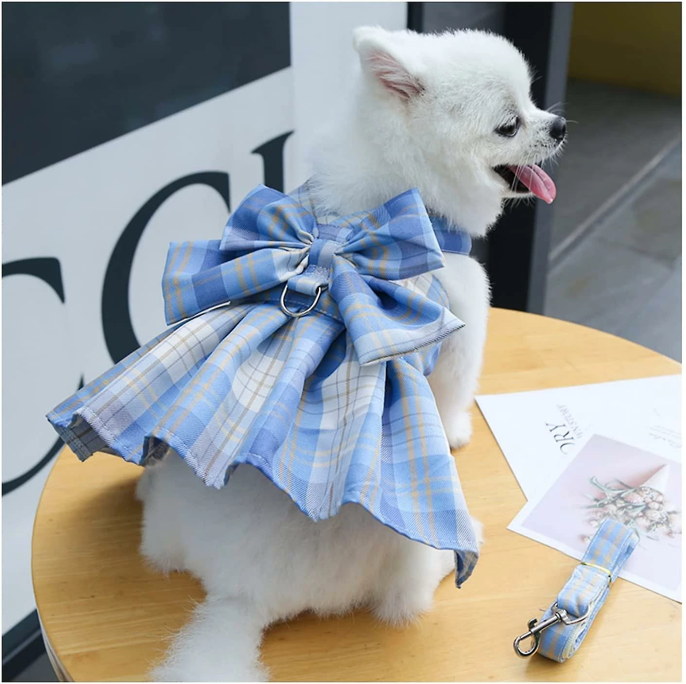 Yskaze Harnais De Robe De Chien Pour Petits Chiens Fille Chiot Chat Lapin Lapin Vêtements Tenue Plaid Pet Cat Vêtements Bow Doggy Robes Avec Laisse Set Pour Chihuahua