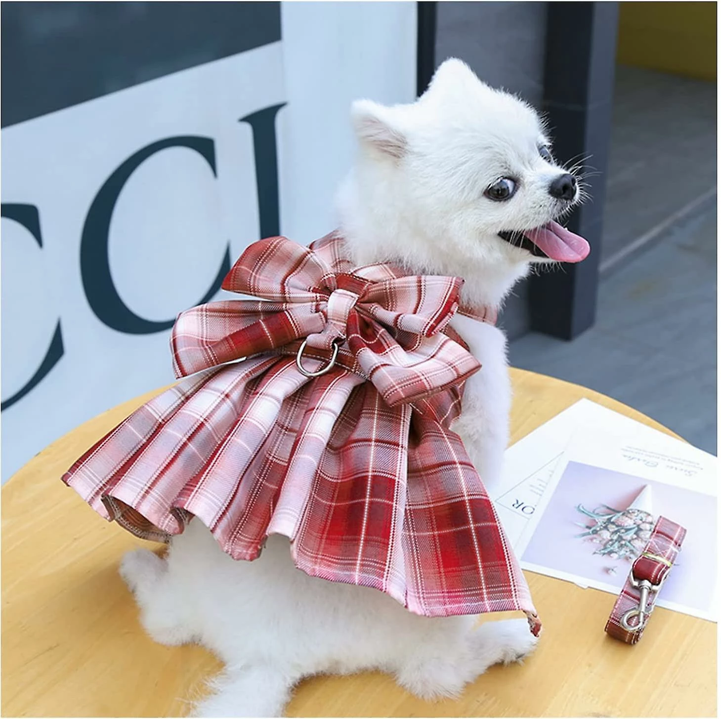 Yskaze Harnais De Robe De Chien Pour Petits Chiens Fille Chiot Chat Lapin Lapin Vêtements Tenue Plaid Pet Cat Vêtements Bow Doggy Robes Avec Laisse Set Pour Chihuahua