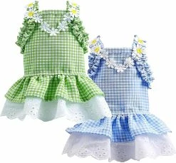 Ksalfye 2 Pack Summer Dog Robes Fille Puppy Chat Plaid Princesse Robe Fête Anniversaire Pet Vest Vêtements Pour Petits Chiens Moyens