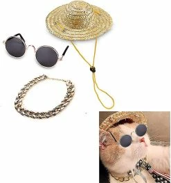 Aowear Cool Pet Costume Hat Lunettes De Soleil Et Collier De Chaîne En Or Set Pour Chats Et Petits Chiens 3 Pcs / Set -